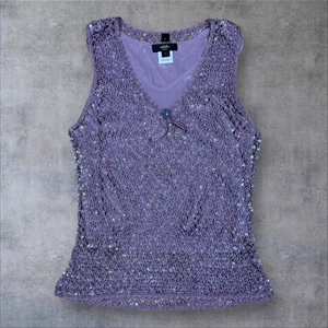 Vintage Y2K lila Perlen Pailletten Mesh Tank Top Seide Slip Party Pfeifen UK 14 - Bild 1 von 17