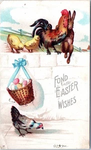 UDB Ostern Postkarte vermenschlicht Hase Hahn Küken Eierkorb Anthro - Bild 1 von 2