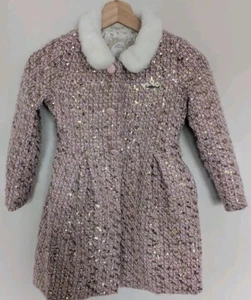 Disney Princess Tweed Coat Girls 5/6 Pink Sequins Faux Fur Dress-up Fairytale - Picture 1 of 10