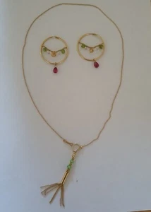 Parure En Or 18k Collier Et Boucles d Oreilles Créoles Pierres - Photo 1/15
