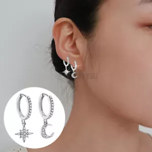 Women 925 Sterling Silver Moon Star Crystal CZ Drop Huggie Hoop Earrings Gift UK - Picture 1 of 9