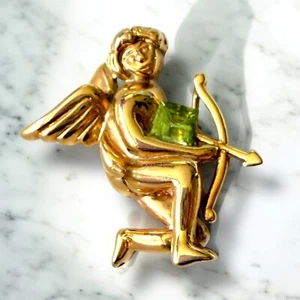 Krementz Cupid Angel Brooch Gold Tone Green Rhinestone Bow Vintage Signed - Bild 1 von 9