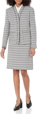 Conjunto de traje falda tweed talla 4 3 bolsillos con botones profesional línea A negro/marfil Foto 1 de 4