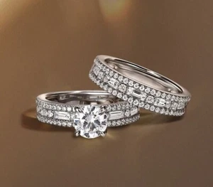 3CT Round Cut Lab Created Diamond Women's Bridal Set Ring 14K White Gold Plated - Picture 1 of 3