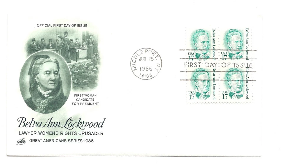 2178 17c Belva Ann Lockwood, ArtCraft, block of 4, FDC - Image 1 of 1