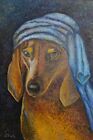 Tableau huile signé portrait chien teckel en turban 