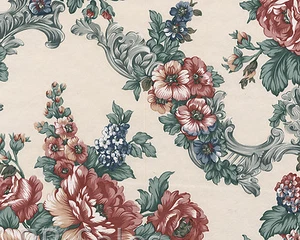 Satin Pretty Mixed Flower Textured Vinyle Red Blue Floral Double Roll Wallpaper - Picture 1 of 2