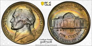 MS67FS 1948-D 5C Jefferson Nickel, PCGS Trueview- Lustrous Rainbow Album Toned - Picture 1 of 12