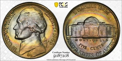 MS67FS 1948-D 5C Jefferson Nickel, PCGS Trueview- Lustrous Rainbow Album Toned - Image 1 of 4