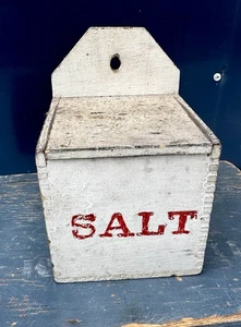 PRIMITIVE SALT BOX WOOD HINGED Lid Old White And Red Paint ANTIQUE - Picture 1 of 12