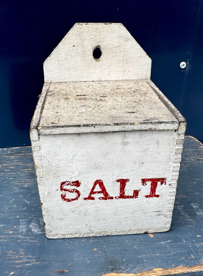 PRIMITIVE SALT BOX WOOD HINGED Lid Old White And Red Paint ANTIQUE - Image 1 of 4