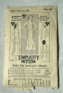 Vtg 1920s Simplicity 7051 Lingerie Dress SLIP Sewing Pattern 3 Styles sz 40 L - Picture 1 of 2