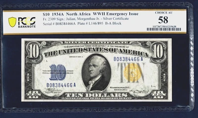 1934 A  $10 ☀️  NORTH AFRICA WWII EMERGENCY ISSUE ☀️ PCGS  58 - Image 1 of 4