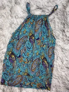 FOREVER 21 XXI Colorful Teal Paisley Artsy Boho Sleeveless Tunic Tank Sz Medium  - Picture 1 of 5