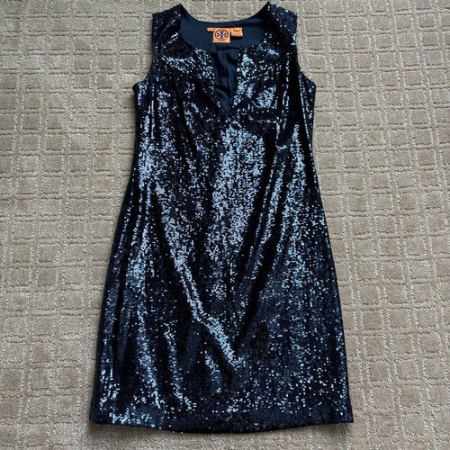 Abito da cocktail Tory Burch paillettes donna 2 maniche metallizzato blu navy seta nuovo di zecca