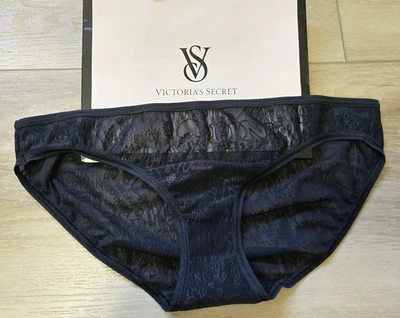 Vintage Victoria's Secret PINK Black Sheer Graffiti Print Low Bikini Panties M - Image 1 of 3