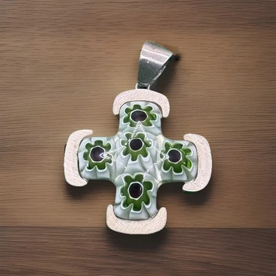 Vintage Murano Millefiorl Sterling Silver Cross Pendant White Red Green 10 Gm - Image 1 of 4