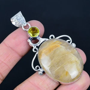 Pendente In Argento Sterling 925 Con Gemma Di Citrino E Rutile Dorato 2.64" - Foto 1 di 5