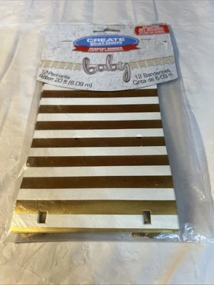 Pennant Banner Gold and White Striped 12 Pennants and 20 Feet of Ribbon New - Image 1 of 4