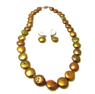 Vintage Genuine Coin Pearl Necklace Gold Multi-Color Earrings Set Sterling 17" - Image 1 of 4