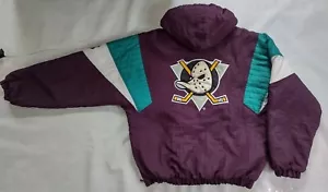 VINTAGE STARTER ANAHEIM MIGHTY DUCKS 1/2 ZIPP HOODED PULLOVER WINTER JACKET SZ M - Picture 1 of 12