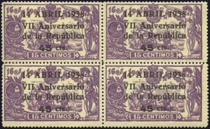 España 1938. Sobrecar. Edifil xx 755.Bloque de 4. Precioso centraje. Muy escaso. - Imagen 1 de 1