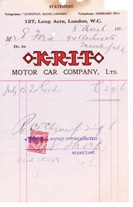 6 1910's KRIT Motor Car Company Statement Billhead Invoice Receipt Automobilia - Picture 1 of 12