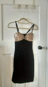Rare Black and Gold Sequin Bodycon Dress with Detachable Straps Size 6 - Picture 1 of 9
