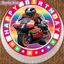 PRECUT EDIBLE ICING CAKE TOPPER 7.5 INCH HAPPY BIRTHDAY SPORTS MOTOR BIKE HBS001