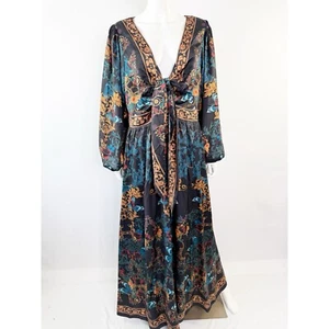 City Chic Damast Maxikleid Blumenmuster Gr. XS 14 V-Ausschnitt Langarm Royalcore - Bild 1 von 11