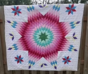 Vintage Lone Star Hand Stitched Quilt Vibrant Bright Pink Collectible 74”x72” - Picture 1 of 7