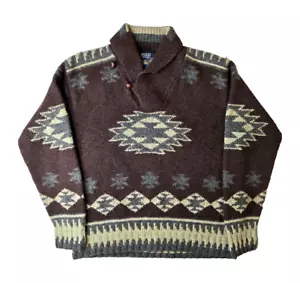 Polo Ralph Lauren Vintage Wool Silk Linen Aztec Hand Knit Shawl Cowl Sweater M L - Picture 1 of 7