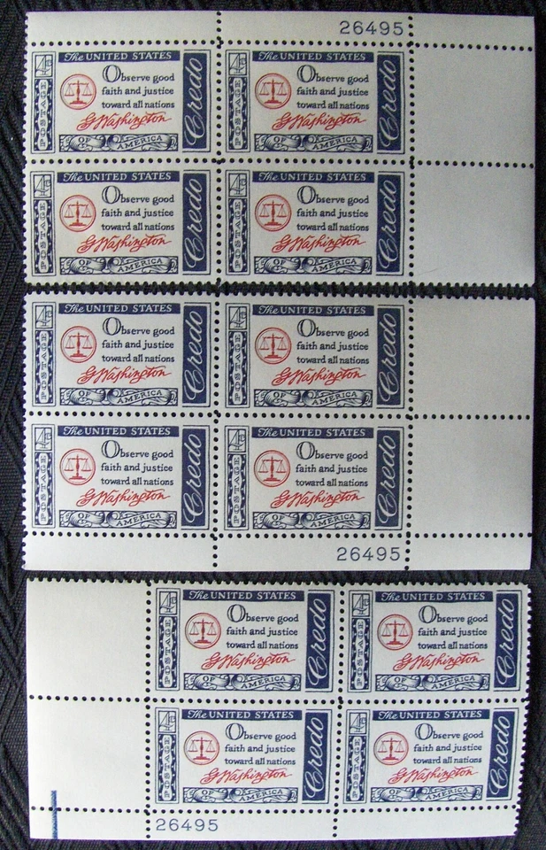 US 4¢ Stamp SC #1139 American Credo G. Washington MNH. 3 matching plate blocks - Image 1 of 1