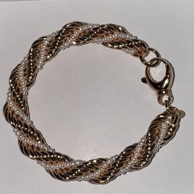 PULSERA HONORA PERLA CULTIVADA CUERDA BRONCE TRENZADO TALLA 6-3/4 A 7" AJUSTE Foto 1 de 4