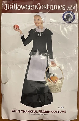 Pilgrim Costume Girls Thanksgiving Halloween Child Lg Size 3 pc Apron Bonnet - Image 1 of 4