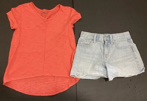 Girl's Old Navy Outfit sz 8 - Dark Coral Top w/Jean Shorts EUC - Picture 1 of 7