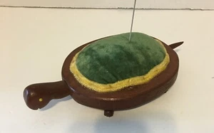 Vintage Wood Turtle Pin Cushion Green Velvet With Gold Braid - Picture 1 of 7
