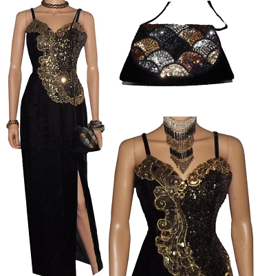 Maxi Vestido de Noche Vintage PROM Lentejuelas Doradas Negro VELOUR Diseños Alyce Foto 1 de 4