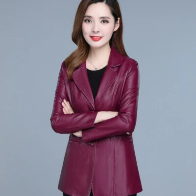 Leather Blazer Jacket Coat Slim Button Oversized Office Lady Casual Business Top - Image 1 of 4