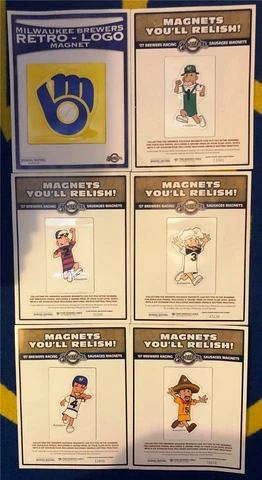2007 MILWAUKEE BREWERS 5 RACING SAUSAGE + RETRO GLOVE LOGO MAGNETS ~ RARE SET! Cover
