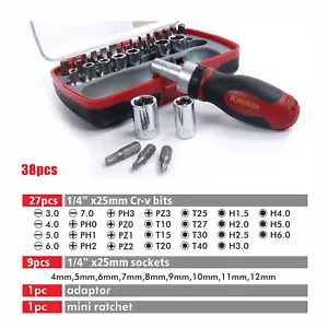 38pc 1/4" Dr. Socket Ratchet Handle+33pc Bits Torx Hex Ph - Bild 1 von 8