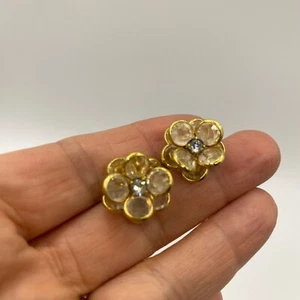 Orecchini a borchie vintage fiori oro con accenti di cristallo gemma trasparente - Foto 1 di 6
