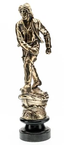 13in Cast Brass Statue Figure of a Fisherman on Boat Deck Wood Base 3lbs Vintage - Picture 1 of 20