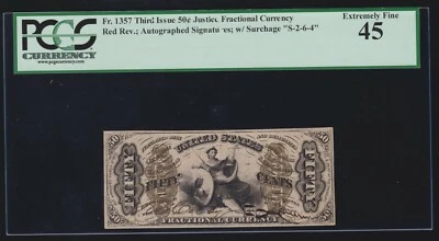 US 50c Fractional Currency Note Justice Autographed FR 1357 PCGS 45 Ch XF (-022) - Image 1 of 2
