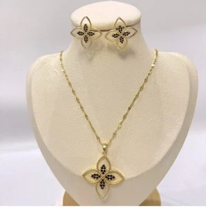18K Gold Plated Floral Necklace SET Stainless steel Womens Jewelry Black - Picture 1 of 10