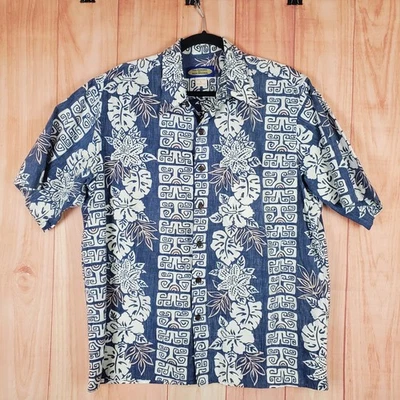 Reyn Spooner Phil Edwards Hawaiian Shirt Mens L Blue Beige Floral Print Cotton - Image 1 of 4