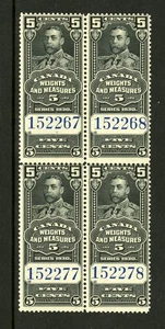 CANADA Revenue FWM60 - NH - BLK of 4 - 5¢ Black Weights & Measures (.035) - Picture 1 of 2