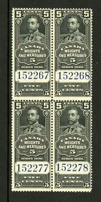 CANADA Revenue FWM60 - NH - BLK of 4 - 5¢ Black Weights & Measures (.035) - Image 1 of 2