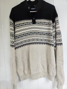Chaps Pullover Herren XL Schwarz Haferflocken Geometrisches Muster Viertelknopf Pulli - Bild 1 von 7
