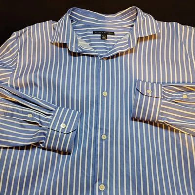 Camisa de vestir Banana Republic para hombre azul blanco a rayas botones algodón manga larga B Foto 1 de 4